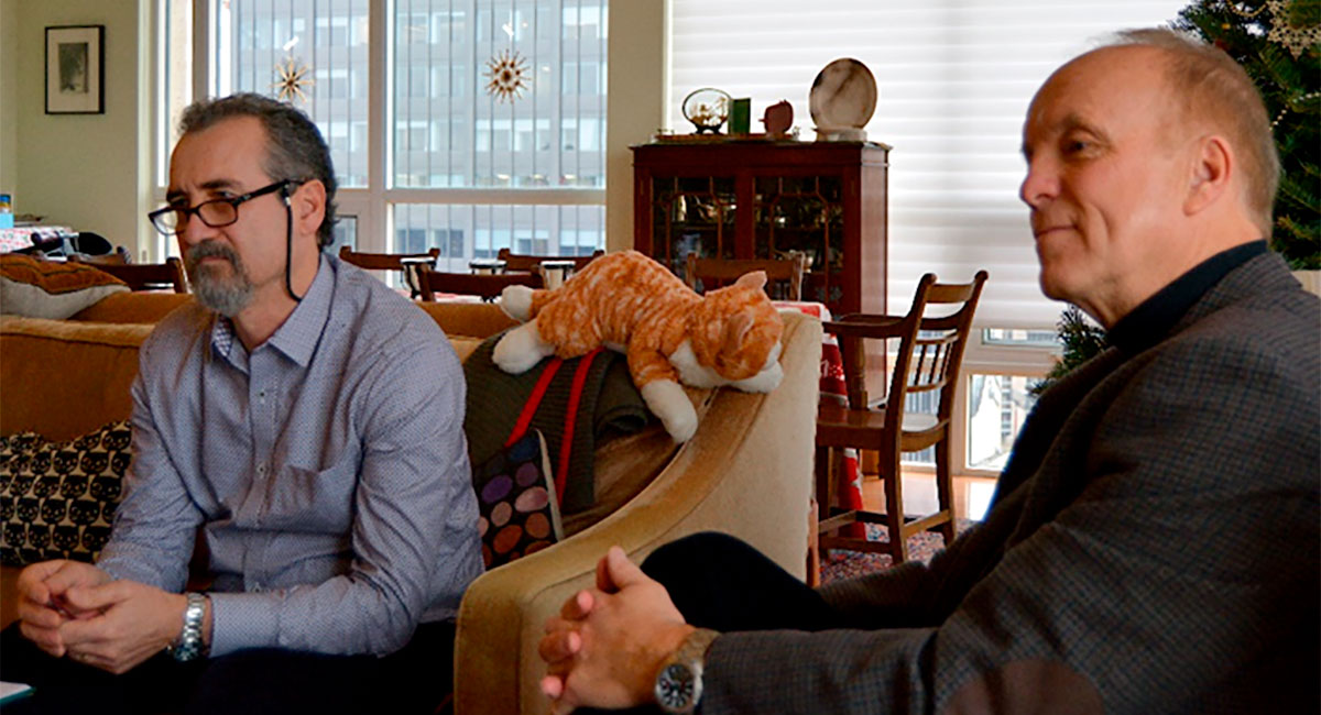 Jean Legault (left) and Rob Stewart (right) interviewing Dr. Gordon West, December 2018 (Oliver Kuhn also present).